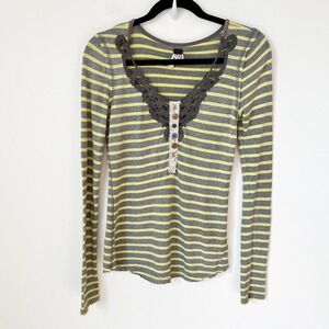 We the Free Call Back Striped V Neck Henley Shirt Womens XS Yellow Gray Crochet